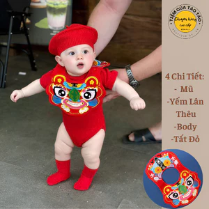 Body Tết Yếm Lân kèm mũ có tặng kèm Tất Đỏ và Mũ mặc Tết bé trai bé gái size 5-13kg bodysuit
