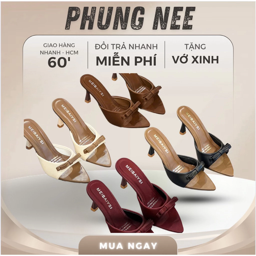 Guốc Cao Gót Nữ 7cm Mũi Nhọn Đính Nơ, Guốc Sục Nữ Gót Nhọn Thanh Lịch Sang Trọng