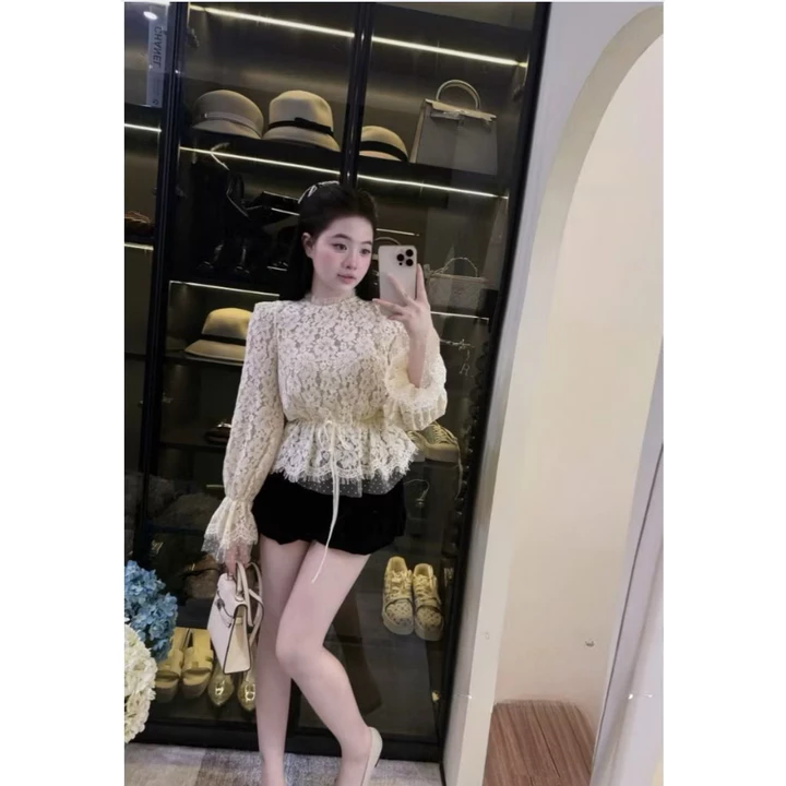 Áo Nữ, Áo Ren Nữ, Áo Ren Tay Loe Dáng Peplum Phối Voan Bèo Tiểu Thư Sang Chảnh Cao Cấp HNS Ms324