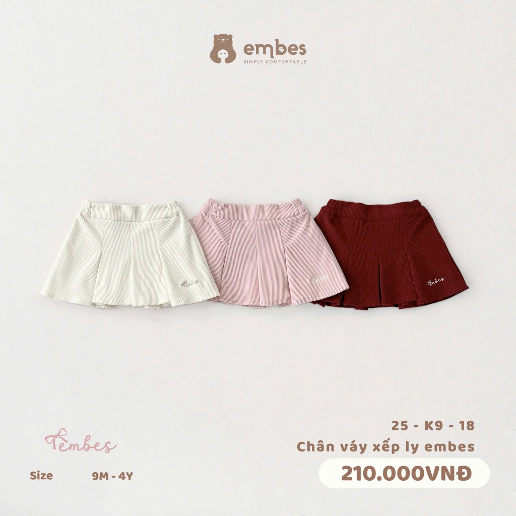 Chân Váy Bé Gái Embes, Chân Váy Xếp Ly Dáng Váy Tennis Chất Nhung Tăm Dày Dặn Cho Bé Gái Từ 8-18Kg