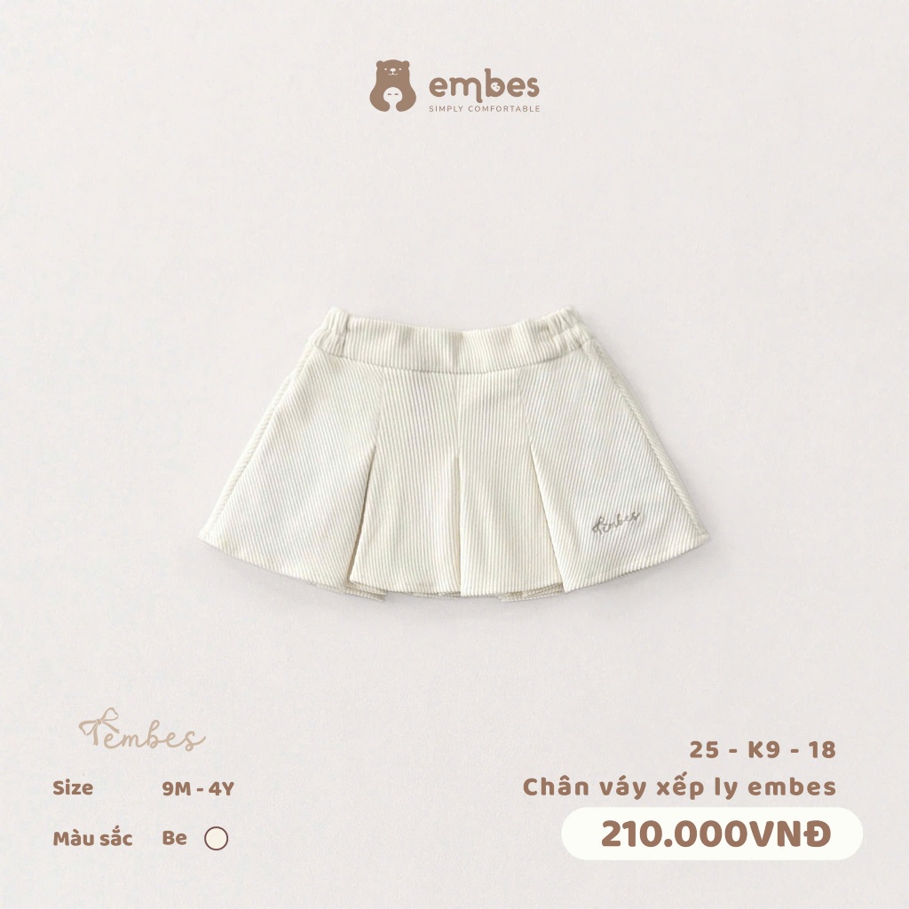 Chân Váy Bé Gái Embes, Chân Váy Xếp Ly Dáng Váy Tennis Chất Nhung Tăm Dày Dặn Cho Bé Gái Từ 8-18Kg
