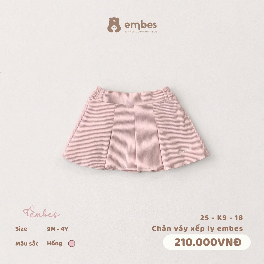 Chân Váy Bé Gái Embes, Chân Váy Xếp Ly Dáng Váy Tennis Chất Nhung Tăm Dày Dặn Cho Bé Gái Từ 8-18Kg