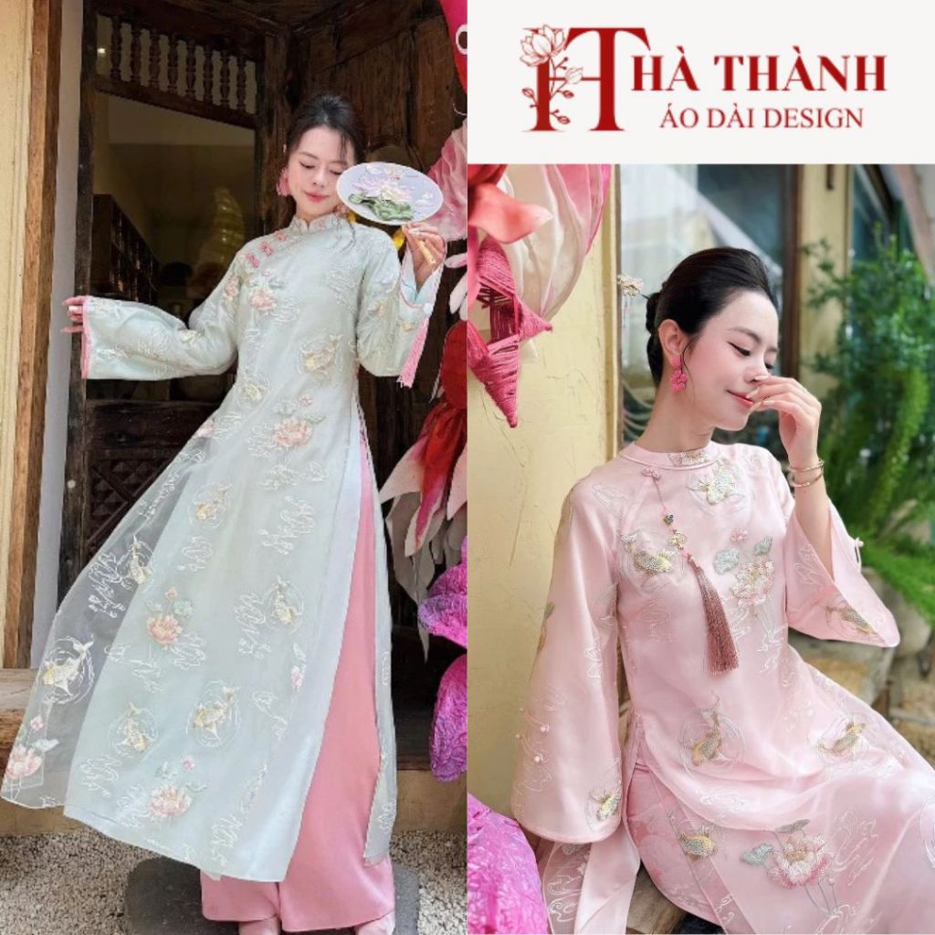 Áo dài cách tân TƯƠNG TƯ dáng suông chất tơ thêu chỉ nổi cao cấp họa tiết sen ngư_HT ÁO DÀI HÀ THÀNH