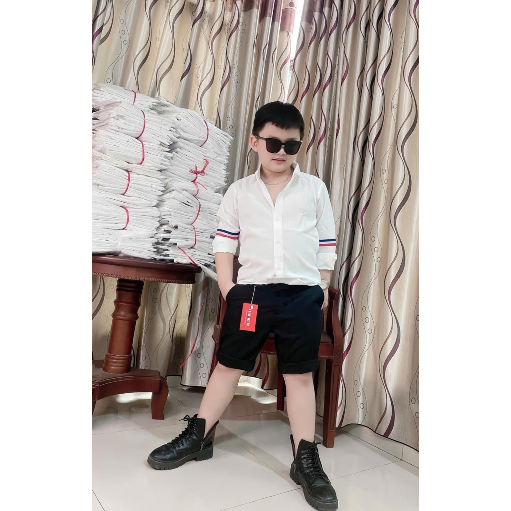 Áo sơmi áo tay dài Quần ngắn cho bé trai phong cách 10kg-54kg