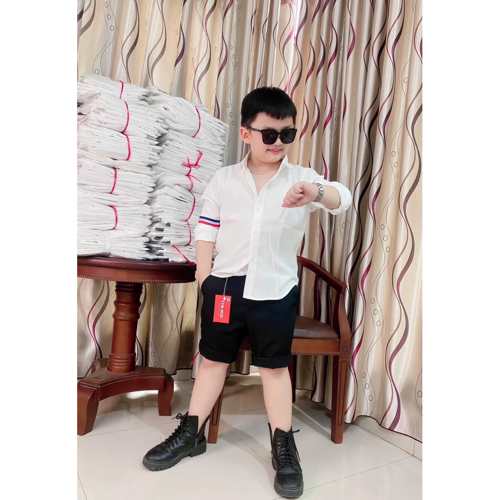 Áo sơmi áo tay dài Quần ngắn cho bé trai phong cách 10kg-54kg