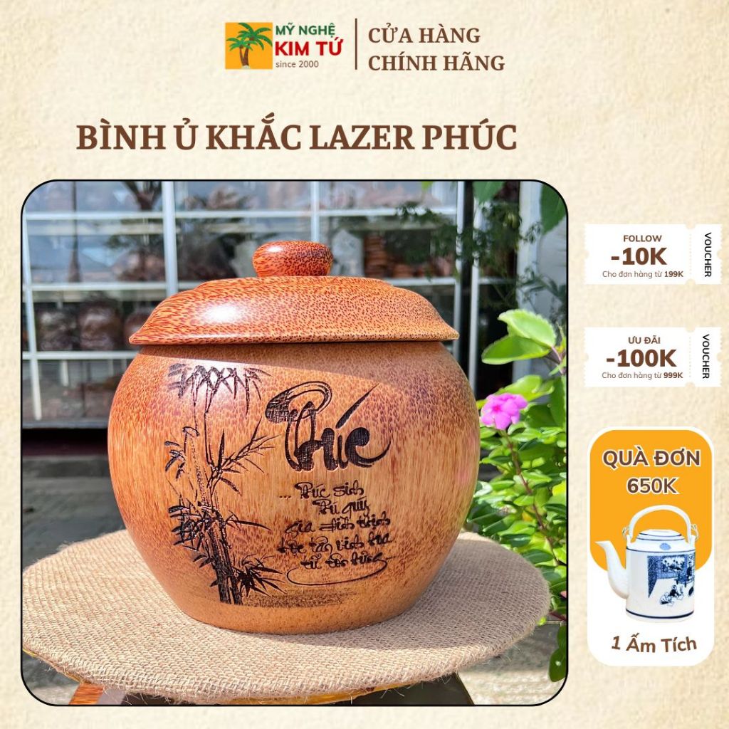 [ TẶNG ẤM 500ML - 1200ML ] Bình Ủ Ấm Trà Gỗ Dừa Mẫu Trơn Điêu Khắc CHỮ PHÚC TRE, Giữ Nhiệt Cao Cấp Quà Tặng Ý Nghĩa Sang