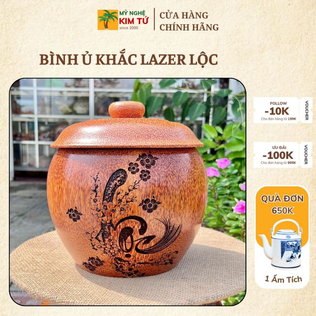 [ TẶNG ẤM 500ML - 1200ML ] Bình Ủ Ấm Trà Gỗ Dừa Mẫu Trơn Điêu Khắc CHỮ LỘC & CHỮ PHÚC MAI, Giữ Nhiệt Cao Cấp, Quà Tặng