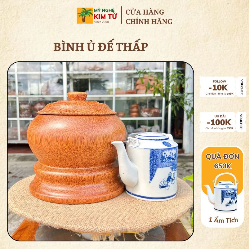 [ TẶNG ẤM 500ML - 1200ML ] Bình Ủ Ấm Trà Gỗ Dừa MẪU TRƠN ĐẾ THẤP Giữ Nhiệt Cao Cấp, Trang Trí Bàn Trà, Quà Tặng Sang