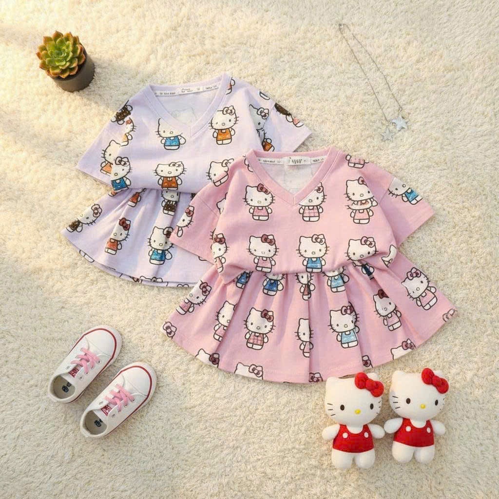 12-40kg.Váy bé gái,đầm đi chơi tết in hình mèo có lót trong,chất vải cotton mềm mịn thấm hút mồ hôi.V08