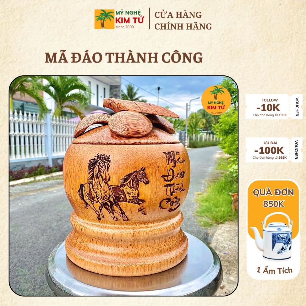 [ TẶNG ẤM 500ML - 1200ML ] Bình Ủ Ấm Trà Gỗ Dừa Điêu Khắc MÃ ĐÁO CÓ ĐẾ Giữ Nhiệt Cao Cấp, Trang Trí Decor, Quà Tặng