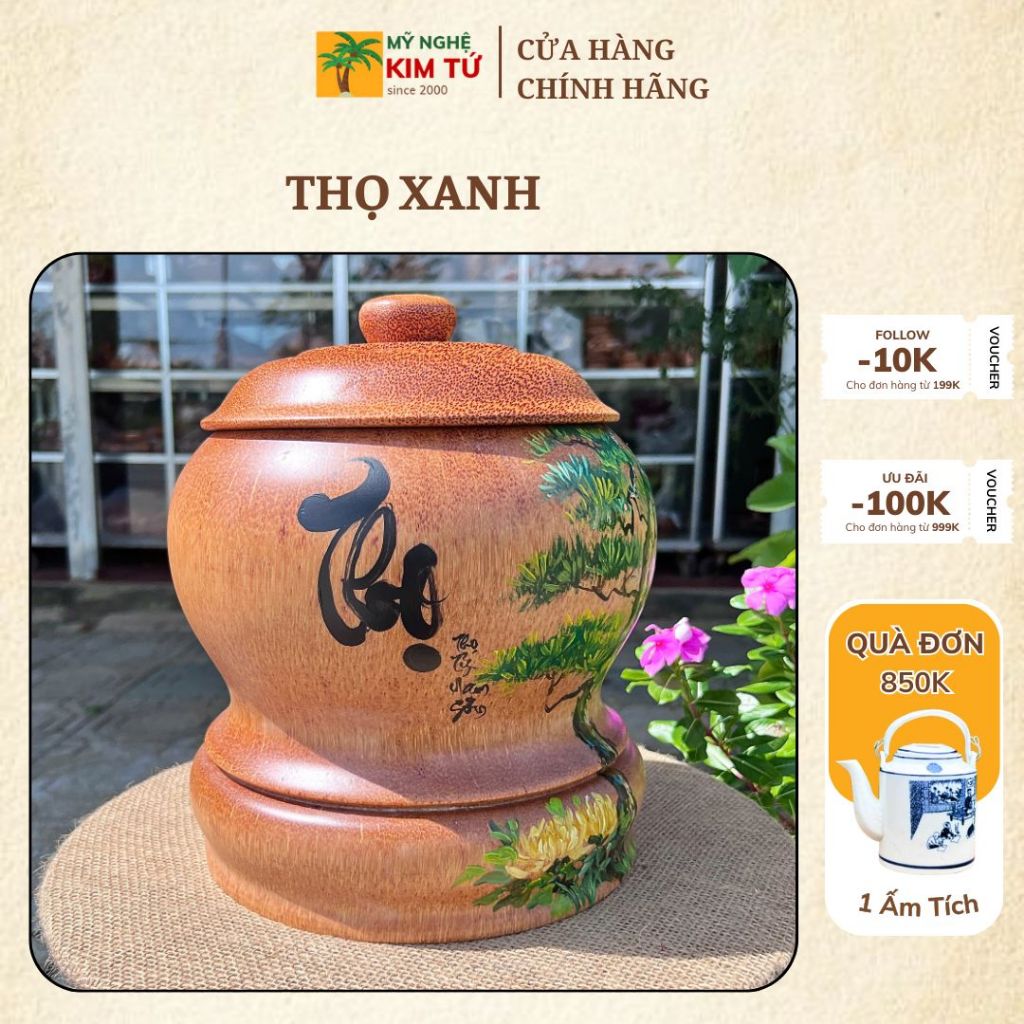 [ TẶNG ẤM 1200ML ] Bình Ủ Ấm Trà Gỗ Dừa Vẽ Thư Pháp Mẫu THỌ XANH Giữ Nhiệt Cao Cấp Trang Trí Decor & Quà Tặng Sang Trọng