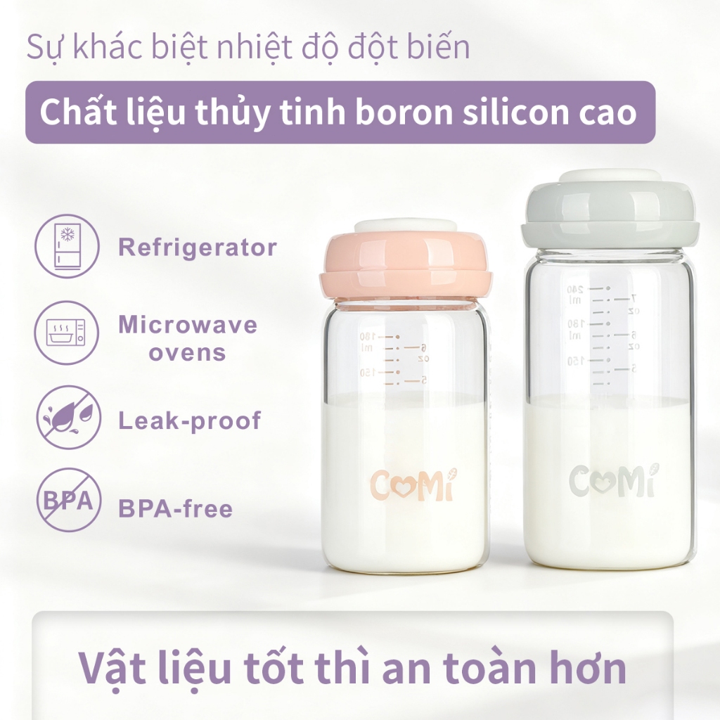COMI Bình Thủy Tinh Trữ Sữa Cho Bé Dung 180ml Bình bảo quản sữa mẹ chuyên dụng Cổ rộng  Có thể kết nối với máy hút sữa