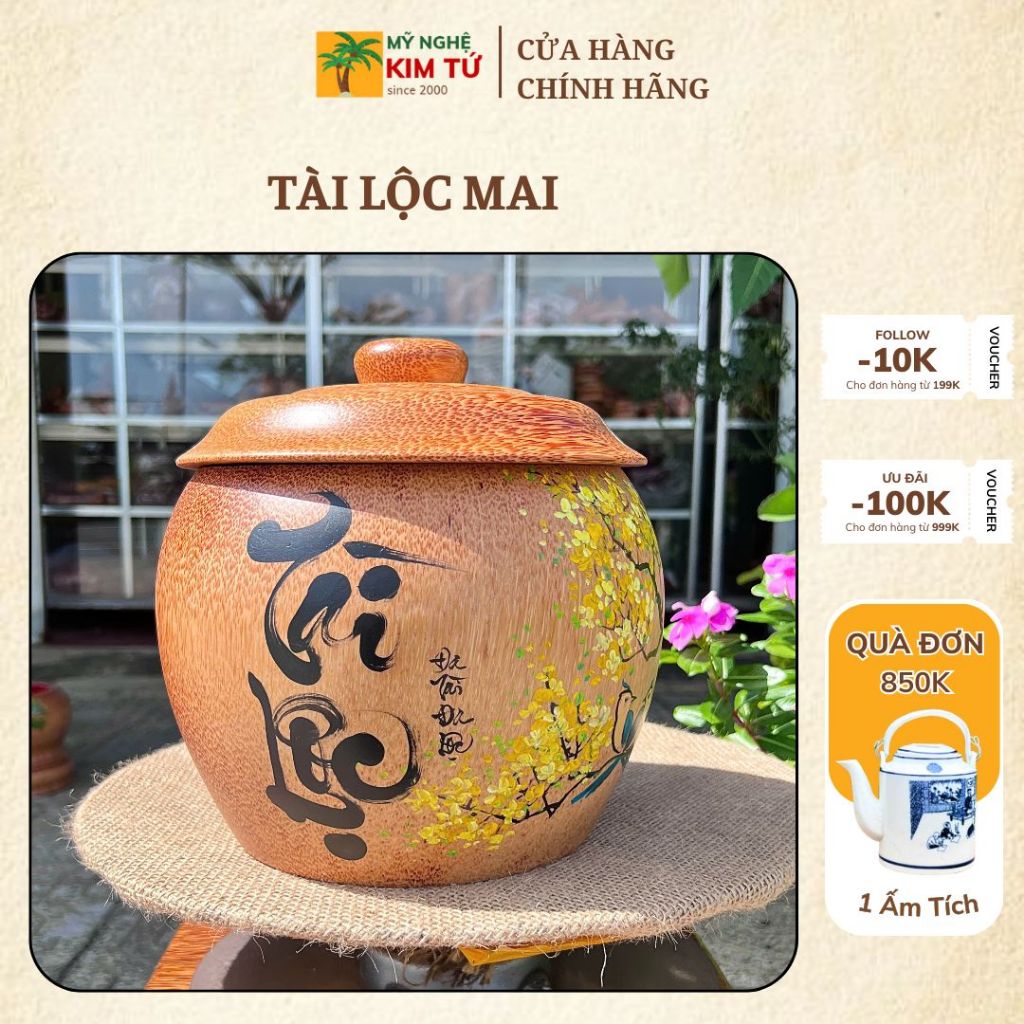 [ TẶNG ẤM 1200ML ] Bình Ủ Ấm Trà Gỗ Dừa Vẽ Thư Pháp Mẫu TÀI LỘC MAI Giữ Nhiệt Cao Cấp, Trang Trí Decor & Quà Tặng Sang