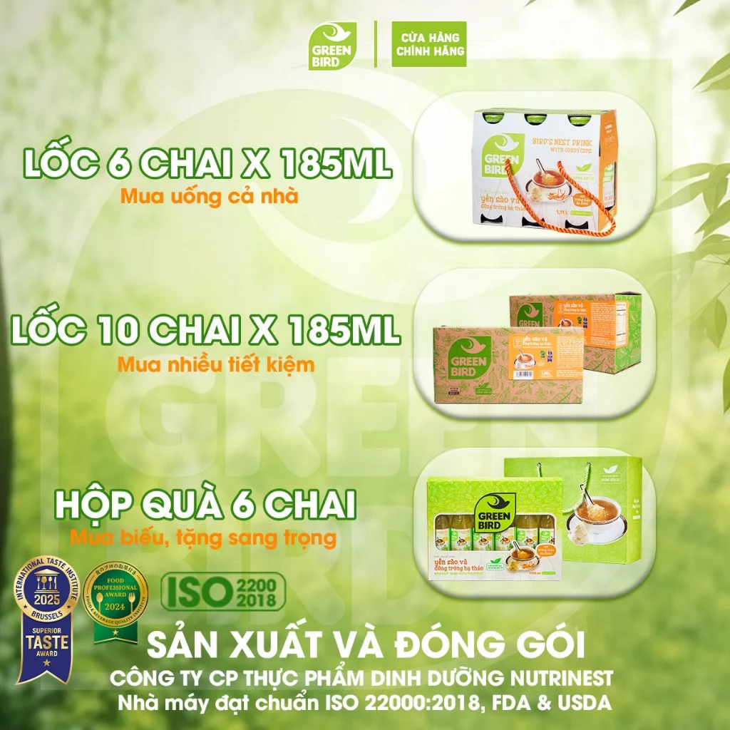 Lốc 10 Chai Nước Yến Đông Trùng Hạ Thảo Green Bird Tăng Cường Sức Khỏe - Chai 185ml