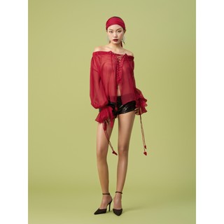 TSUN - Victoria Shirts Sơ Mi Đỏ Cách Điệu Xuyên Thấu Thắt Dây Ngực Tay Bồng Cá Tính