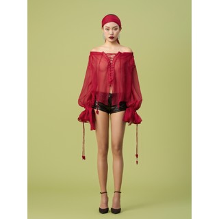 TSUN - Victoria Shirts Sơ Mi Đỏ Cách Điệu Xuyên Thấu Thắt Dây Ngực Tay Bồng Cá Tính