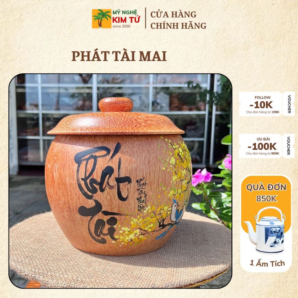 [TẶNG ẤM 1200ML] Bình Ủ Ấm Trà Gỗ Dừa Vẽ Thư Pháp Mẫu PHÁT TÀI MAI Giữ Nhiệt Cao Cấp, Trang Trí Decor & Quà Tặng Sang