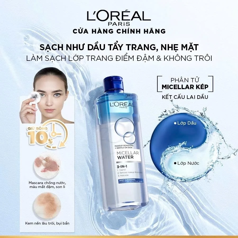 [AMINO MICELLAR MỚI] Nước tẩy trang làm sạch sâu, loại bỏ bụi bẩn & trang điểm 3-in-1 L'Oreal Paris