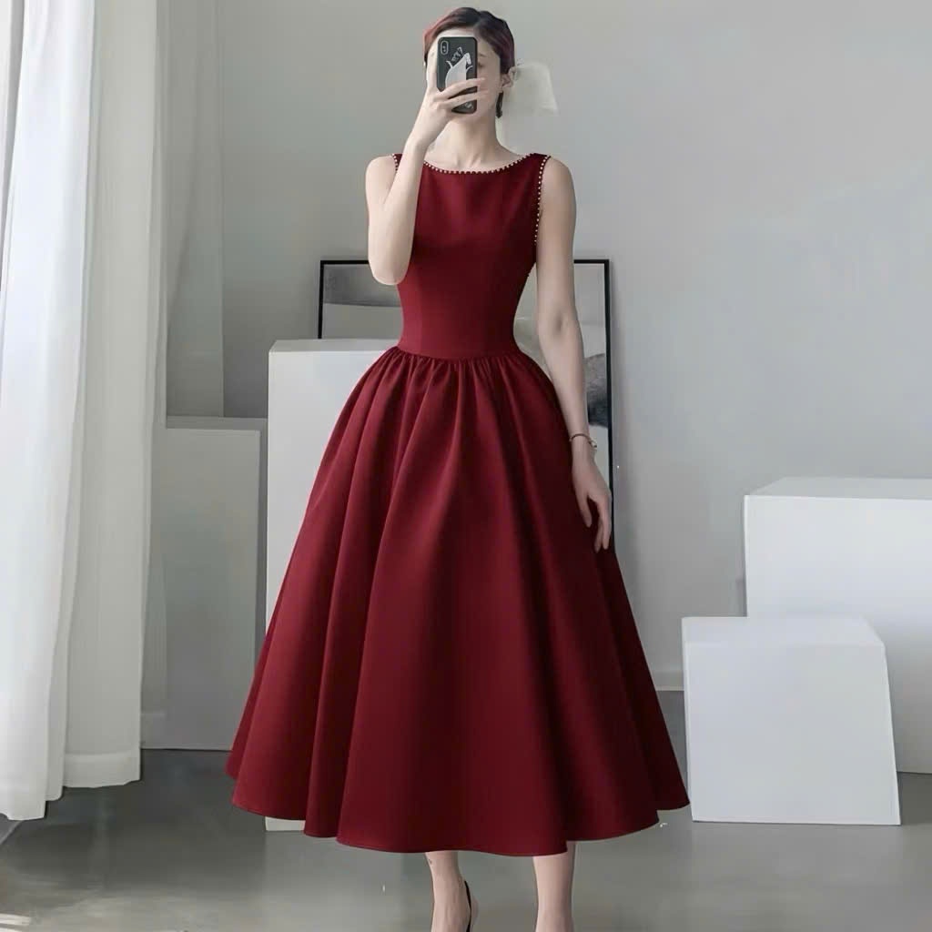Đầm Xòe Dài Tapta Cao Cấp Hở Lưng Đính Nơ Đỏ Nâu – Váy Dự Tiệc Sang Trọng CHIC-SKIRT-STYLE
