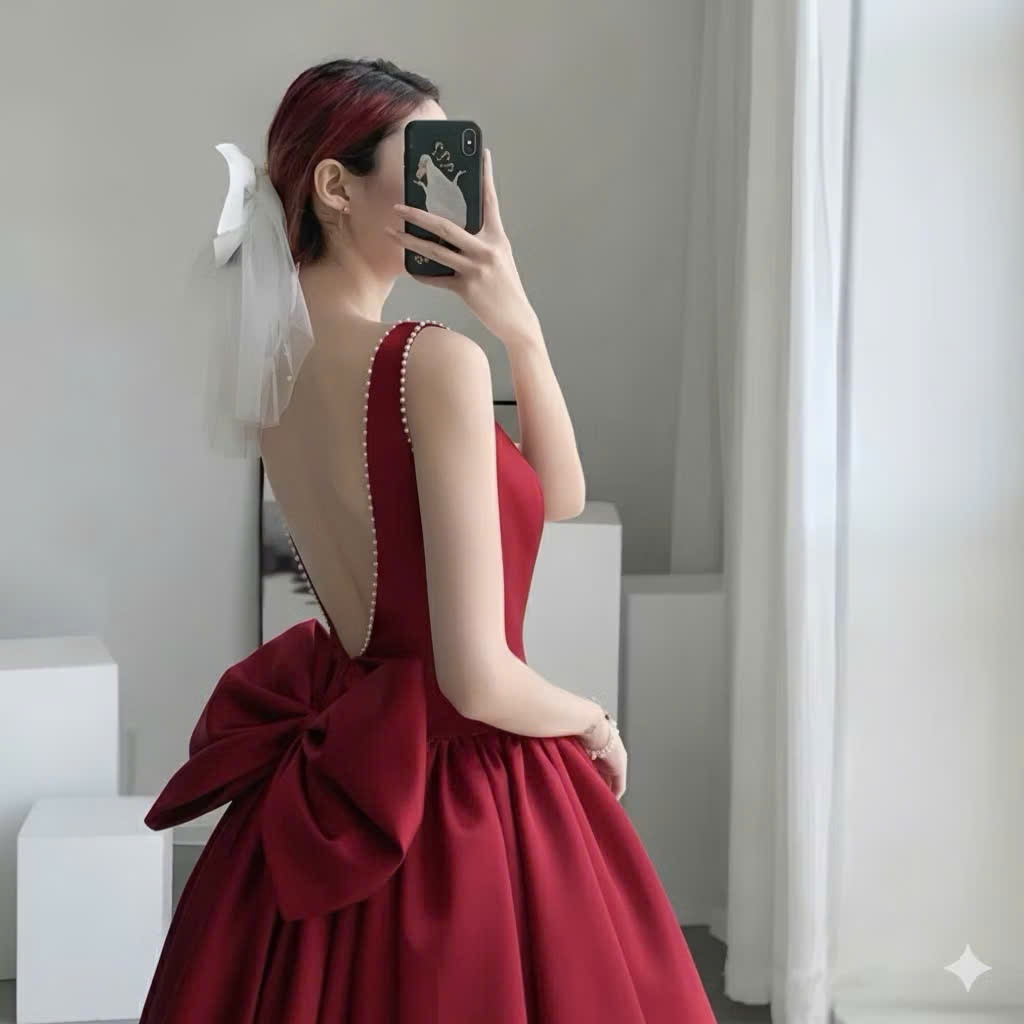 Đầm Xòe Dài Tapta Cao Cấp Hở Lưng Đính Nơ Đỏ Nâu – Váy Dự Tiệc Sang Trọng CHIC-SKIRT-STYLE