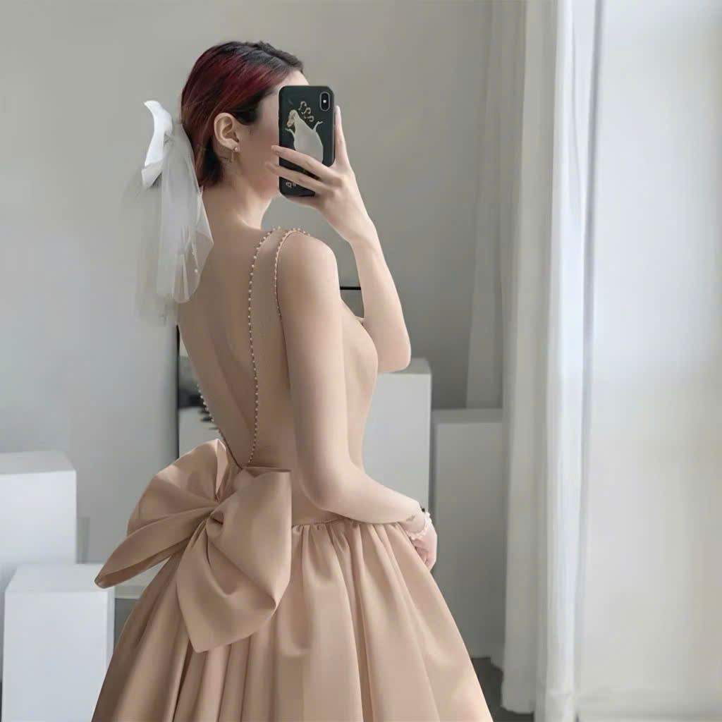 Đầm Xòe Dài Tapta Cao Cấp Hở Lưng Đính Nơ Đỏ Nâu – Váy Dự Tiệc Sang Trọng CHIC-SKIRT-STYLE
