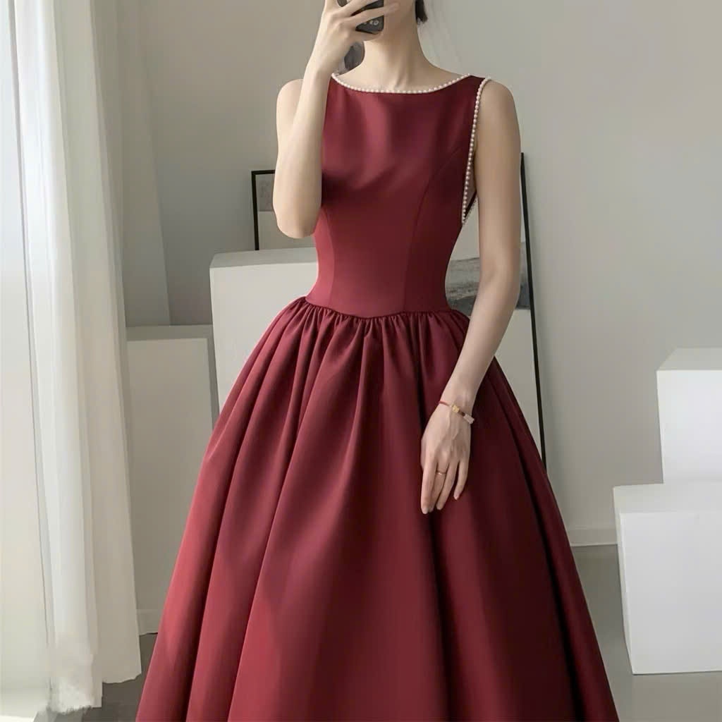 Đầm Xòe Dài Tapta Cao Cấp Hở Lưng Đính Nơ Đỏ Nâu – Váy Dự Tiệc Sang Trọng CHIC-SKIRT-STYLE