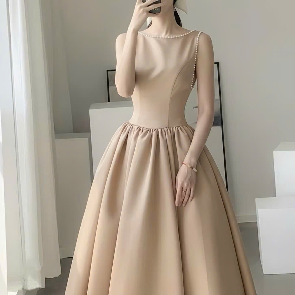 Đầm Xòe Dài Tapta Cao Cấp Hở Lưng Đính Nơ Đỏ Nâu – Váy Dự Tiệc Sang Trọng CHIC-SKIRT-STYLE