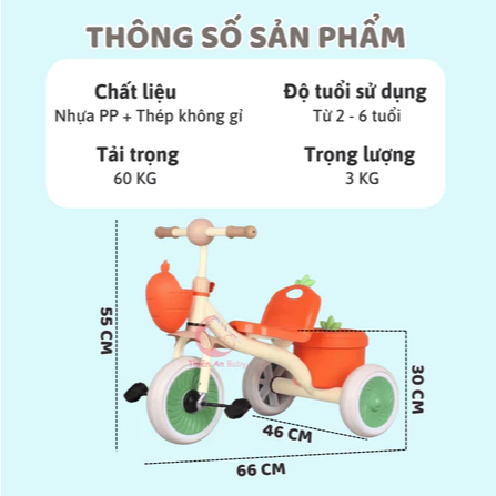Xe đạp cho bé cà rốt CÓ GIỎ ĐỰNG ĐỒ CHƠI, xe đạp trẻ em 3 bánh, xe đạp 3 bánh cho bé từ 2 - 6 tuổi