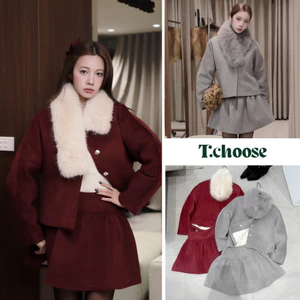 Set 3 món áo khoác dạ kèm khăn quàng cổ lông + chân váy suông 1019 TCHOOSE