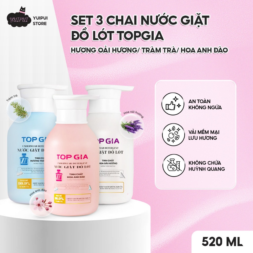 Set 3 Chai Nước Giặt Đồ Lót TopGia 520ml - 3 Mùi Oải Hương/ Tràm Trà/ Hoa Anh Đào Dịu Nhẹ Khử Mùi