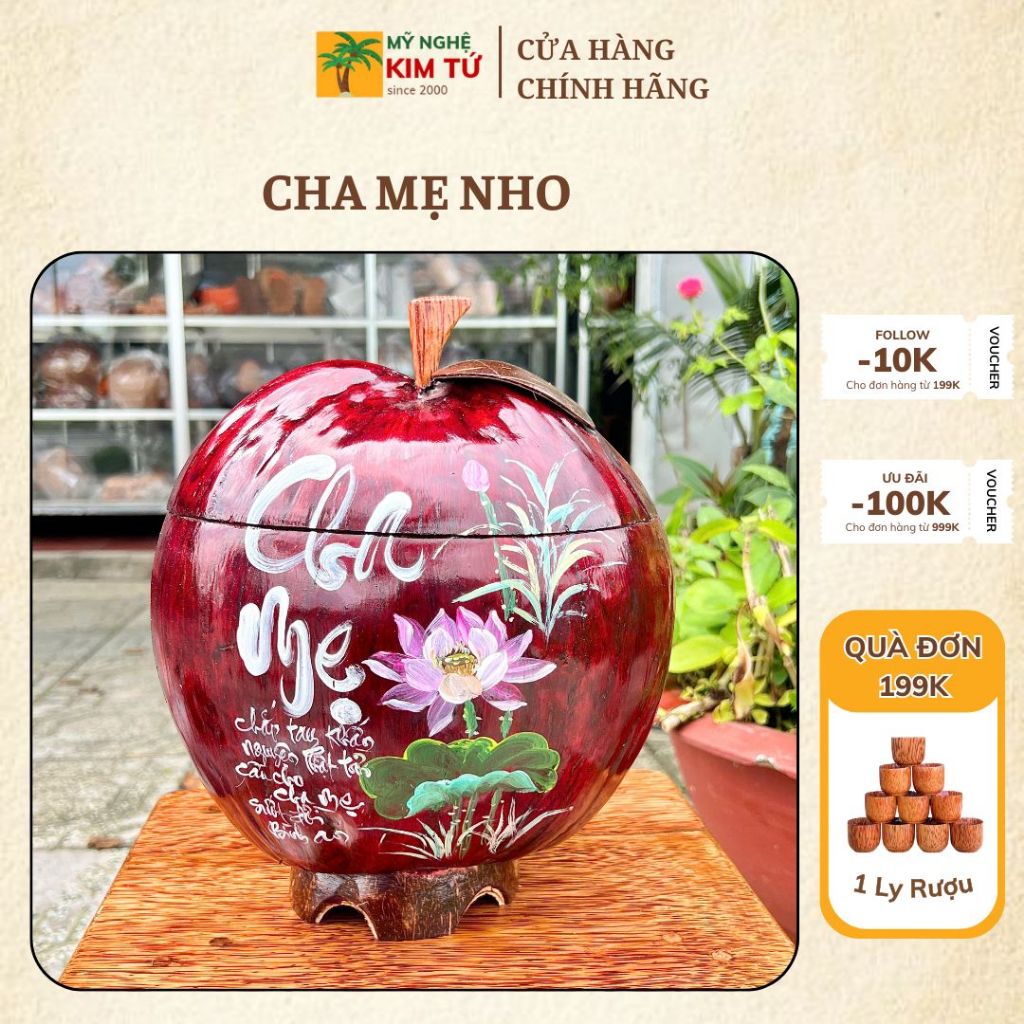 [ SIZE 800ML - 1000ML ] Bình Ủ Trái Dừa Vẽ Thư Pháp CHA MẸ NHO HỒNG Giữ Nhiệt Ấm Trà Cao Cấp, Trang Trí Bàn Trà Sang