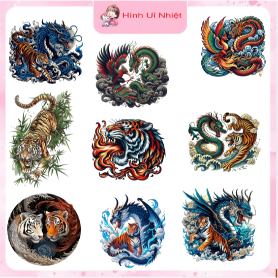 Hình in pét ủi nhiệt quần áo mẫu RỒNG HỔ may mắn,nhiều mẫu,nhiều size