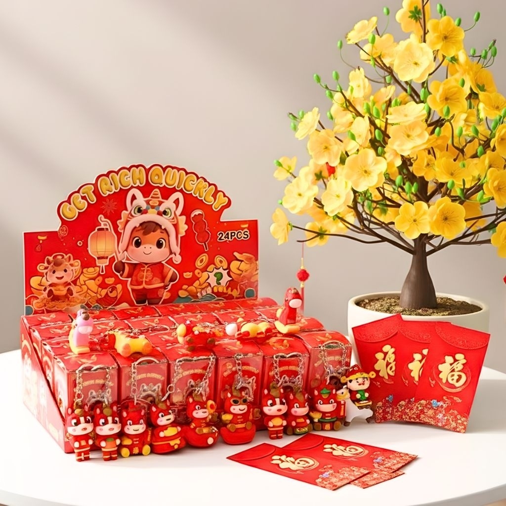 Blind box 24 hộp mù móc khoá Thần Tài Tết, Pop Mart bóc quà bí mật hộp, Sét 24 móc khóa Tết thần tài quà tặng cho bé