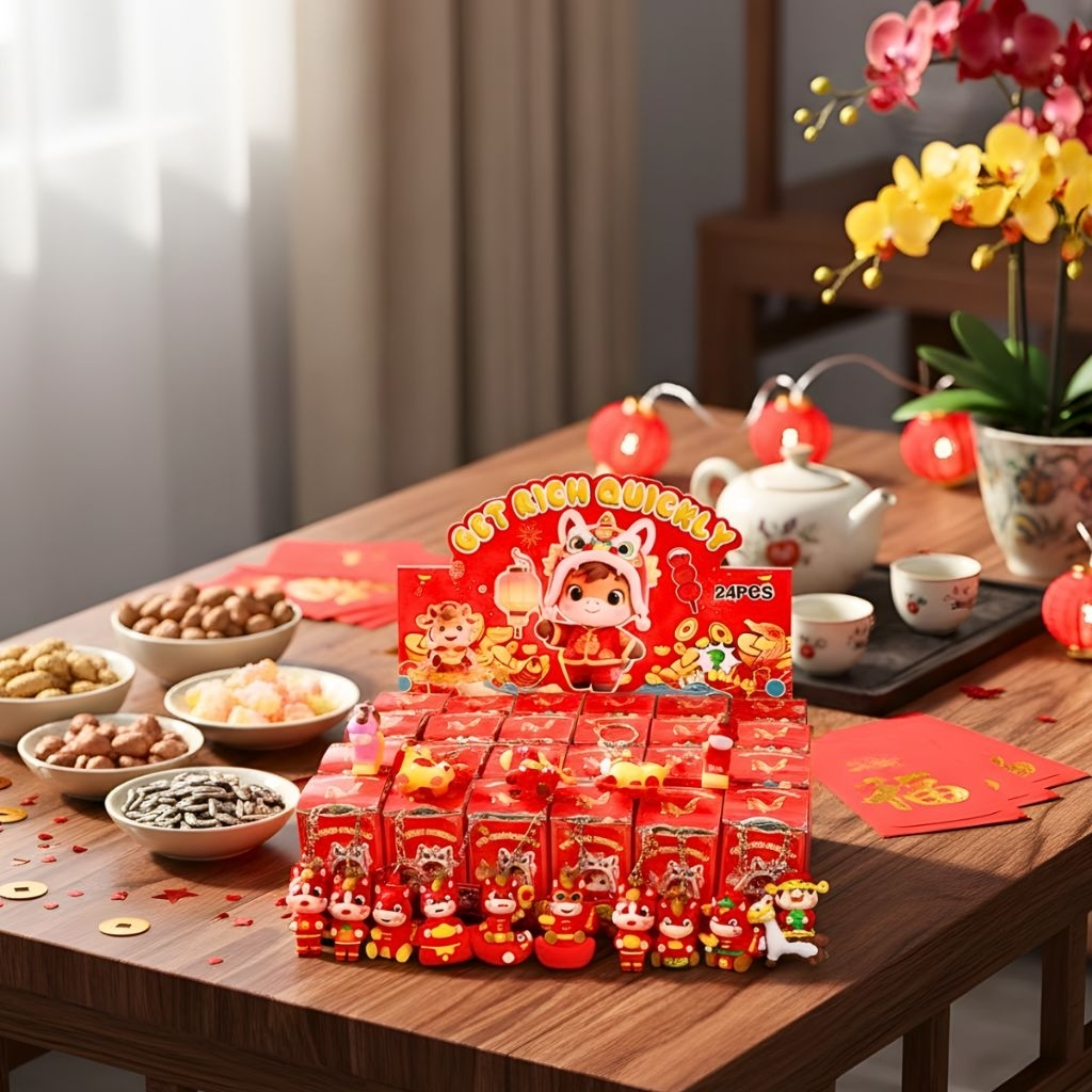 Blind box 24 hộp mù móc khoá Thần Tài Tết, Pop Mart bóc quà bí mật hộp, Sét 24 móc khóa Tết thần tài quà tặng cho bé