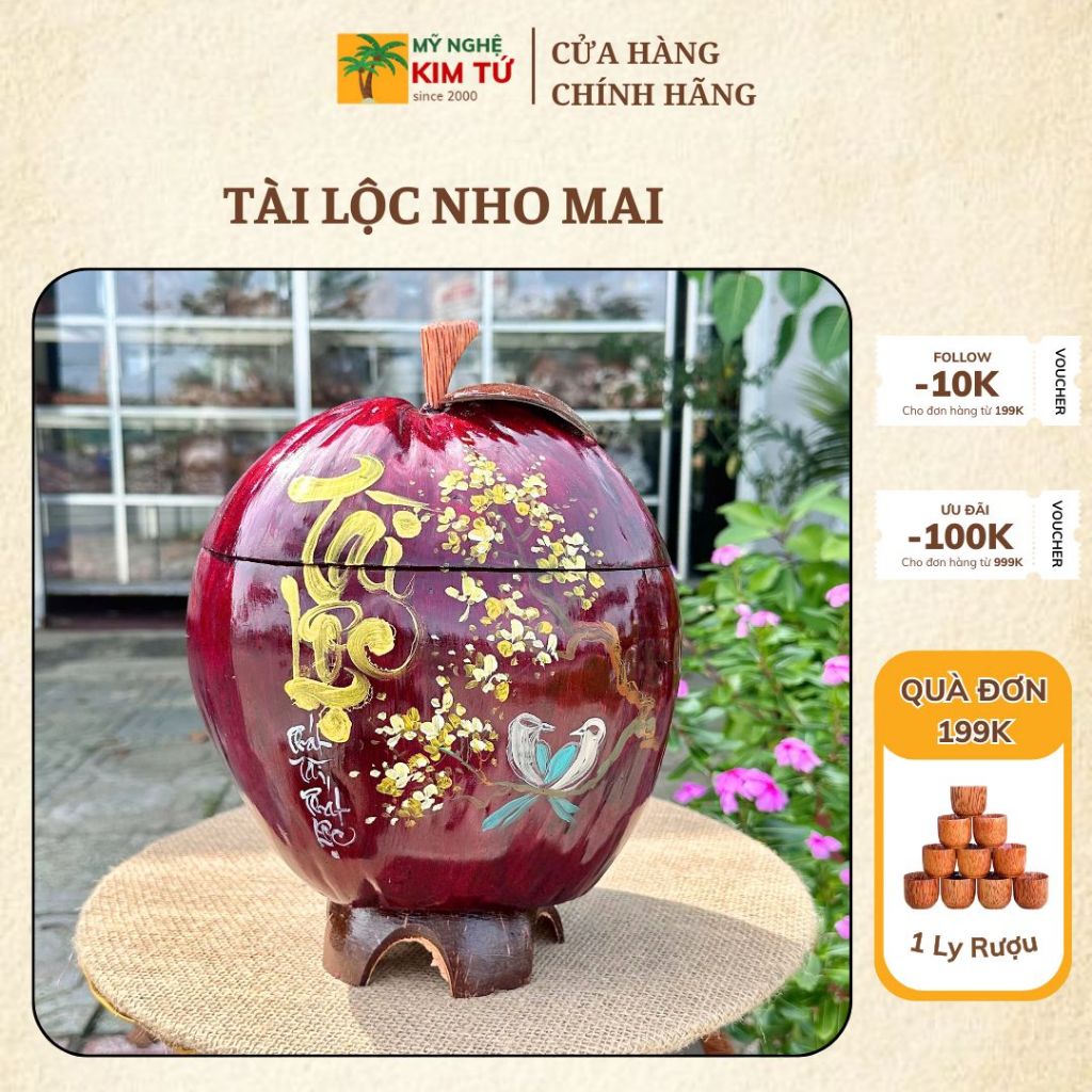 [ SIZE 800ML - 1000ML ] Bình Ủ Trái Dừa Vẽ Thư Pháp Mẫu TÀI LỘC NHO MAI Giữ Nhiệt Ấm Trà Cao Cấp, Trang Trí Bàn Trà Sang