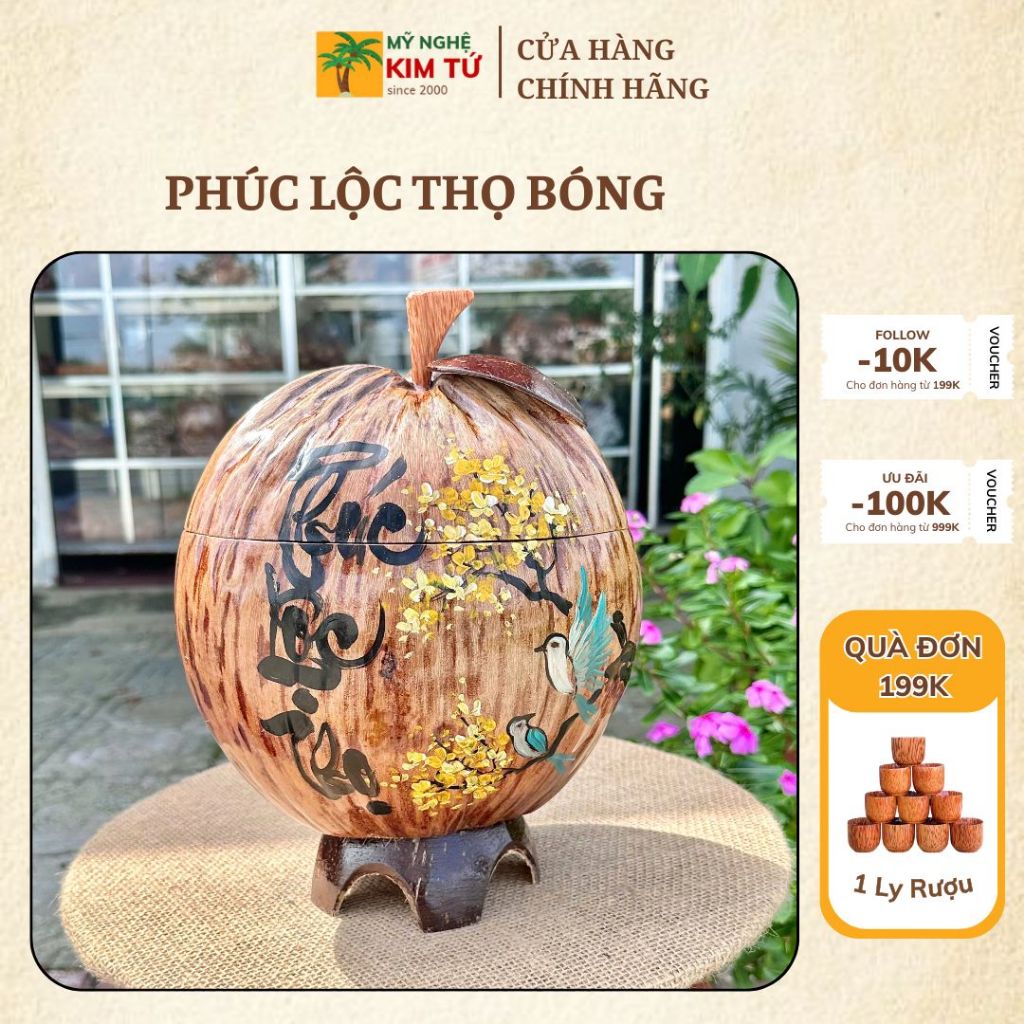 [ SIZE 800ML - 1000ML ] Bình Ủ Trái Dừa Vẽ Thư Pháp Mẫu PHÚC LỘC THỌ BÓNG Giữ Nhiệt Ấm Trà Cao Cấp, Trang Trí Bàn Trà