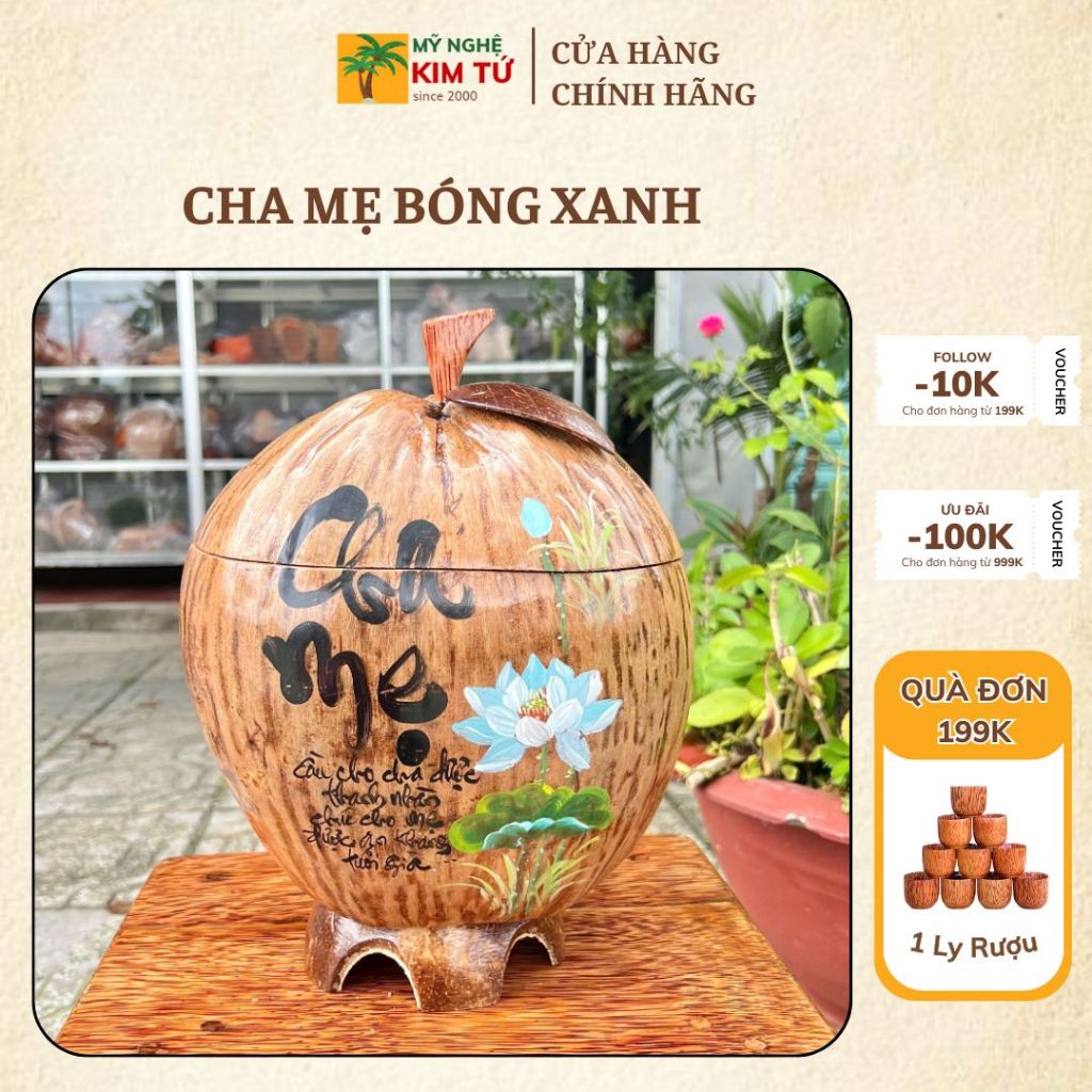 [ SIZE 800ML - 1000ML ] Bình Ủ Trái Dừa Vẽ Thư Pháp Mẫu CHA MẸ BÓNG Giữ Nhiệt Ấm Trà Cao Cấp, Trang Trí Bàn Trà Sang