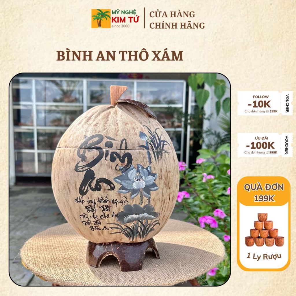 [ SIZE 800ML - 1000ML ] Bình Ủ Trái Dừa Vẽ Thư Pháp Mẫu BÌNH AN THÔ XÁM Giữ Nhiệt Ấm Trà Cao Cấp, Trang Trí Bàn Trà Sang