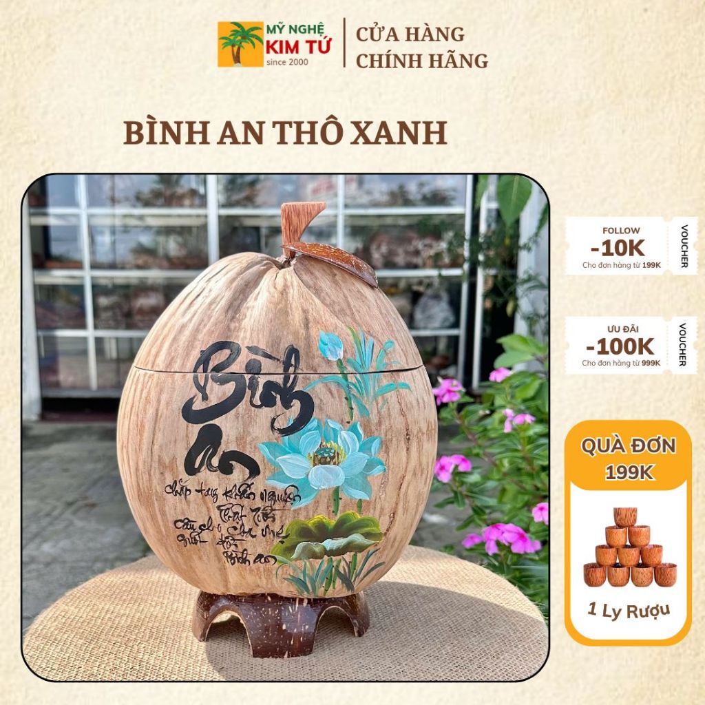 [ SIZE 800ML - 1000ML ] Bình Ủ Trái Dừa Vẽ Thư Pháp Mẫu BÌNH AN THÔ XANH Giữ Nhiệt Ấm Trà Cao Cấp Trang Trí Bàn Trà Sang