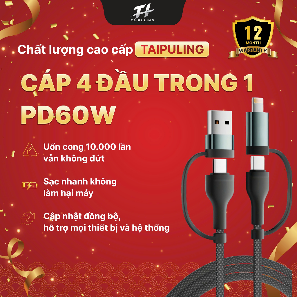 Cáp Sạc 4 Trong 1 PD60W Truyền Dữ Liệu Nhanh Chống Rối Siêu Bền Đầu Cắm Kim Loại Chất Lượng