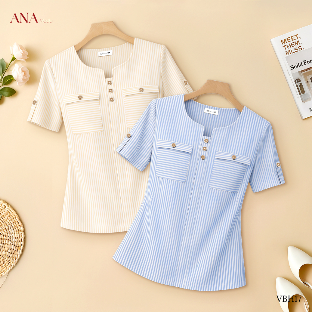 Áo Kiểu Kẻ Sọc Trung Niên ANA Mode Chất Liệu Kate Sọc Thanh Lịch Đi Tiệc Quà Tặng Mẹ AK25VBH17
