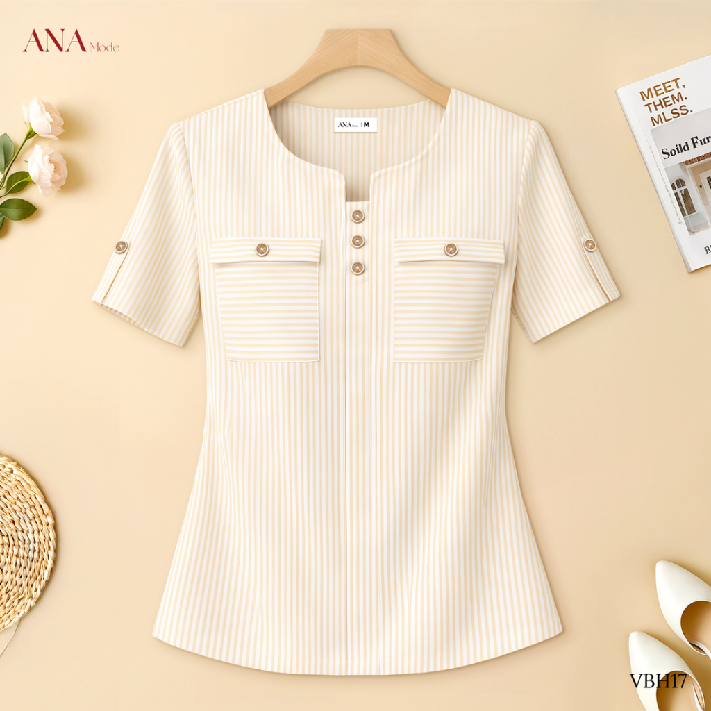 Áo Kiểu Kẻ Sọc Trung Niên ANA Mode Chất Liệu Kate Sọc Thanh Lịch Đi Tiệc Quà Tặng Mẹ AK25VBH17