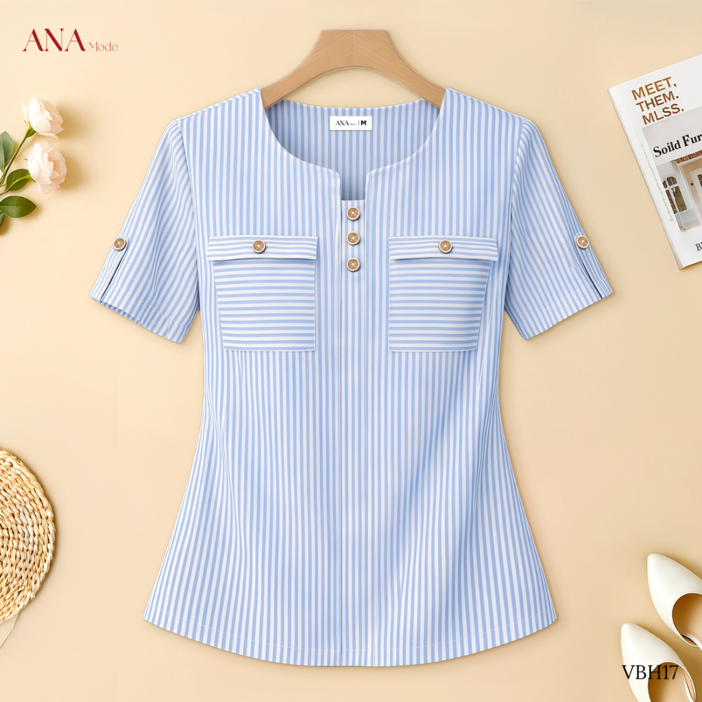 Áo Kiểu Kẻ Sọc Trung Niên ANA Mode Chất Liệu Kate Sọc Thanh Lịch Đi Tiệc Quà Tặng Mẹ AK25VBH17