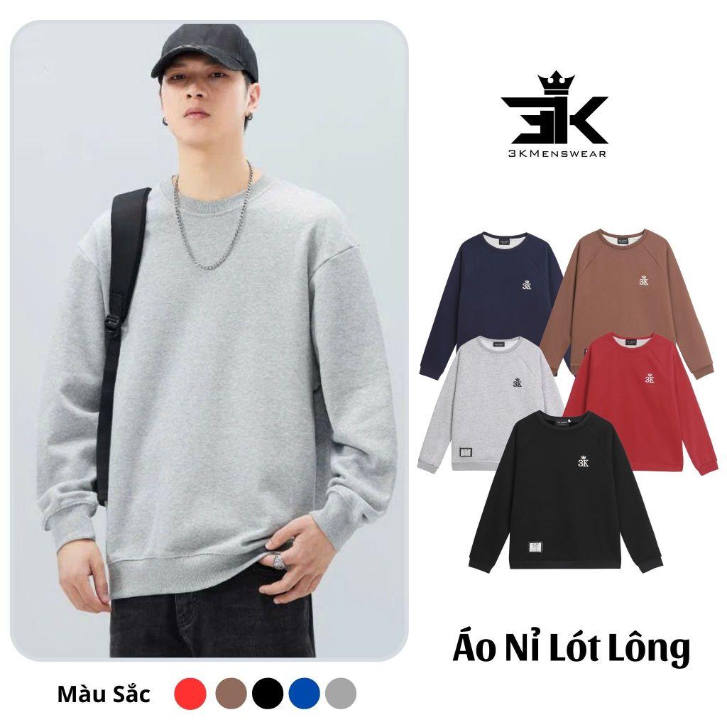 Áo Nỉ Lót Lông Cotton 100%, Áo Sweater 3KMenswear Áo Unisex Nam Nữ Thêu Bo Tay Cổ Tròn 45-85kg