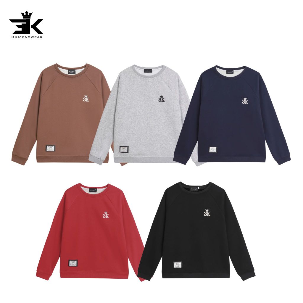 Áo Nỉ Lót Lông Cotton 100%, Áo Sweater 3KMenswear Áo Unisex Nam Nữ Thêu Bo Tay Cổ Tròn 45-85kg