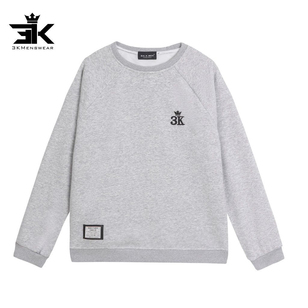 Áo Nỉ Lót Lông Cotton 100%, Áo Sweater 3KMenswear Áo Unisex Nam Nữ Thêu Bo Tay Cổ Tròn 45-85kg