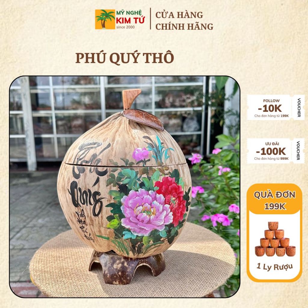 [ SIZE 800ML - 1000ML ] Bình Ủ Trái Dừa Vẽ Thư Pháp Mẫu PHÚ QUÝ THÔ Giữ Nhiệt Ấm Trà Cao Cấp, Trang Trí Bàn Trà Sang