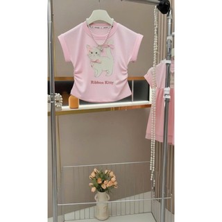 Set Áo Thun Ribbon Kitty Dễ Thương Kèm Quần Jean Loe Cho Nữ