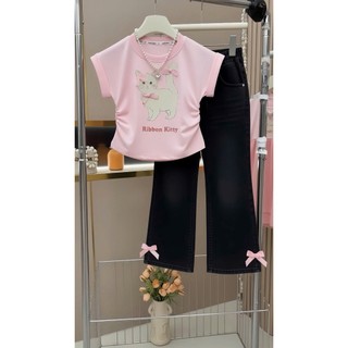 Set Áo Thun Ribbon Kitty Dễ Thương Kèm Quần Jean Loe Cho Nữ