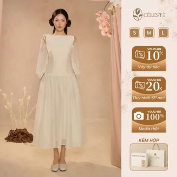 CÉLESTE - Váy Dài tiểu thư Nhã Uyên, Váy tiểu thư sang chảnh Xoè Bồng Cổ Thuyền Chất Tơ
